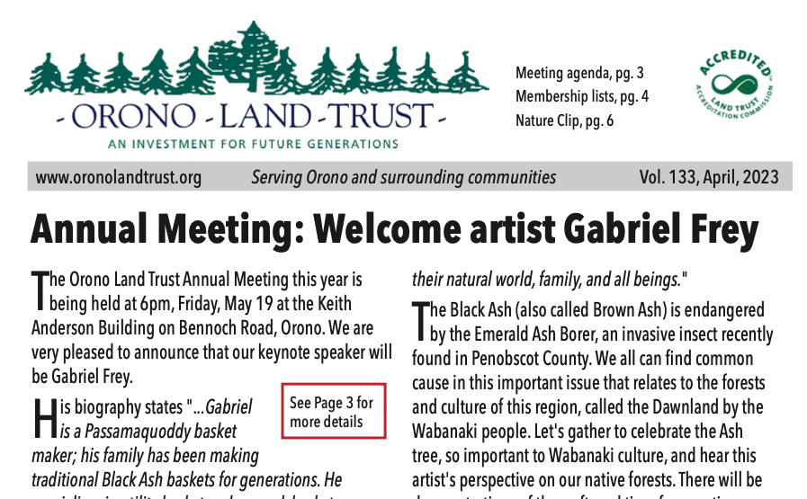 An image of the front page of the Spring 2023 Orono Land Trust Newsletter